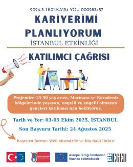 Beyaz arka plan üzerinde tasarlanmış afişte, üst bölümde proje numarası, altında büyük koyu mavi harflerle “Kariyerimi Planlıyorum” ve onun altında “İstanbul Etkinliği” başlıkları, Altında turuncu bir çizgiyle ayrılmış bölümde “Katılımcı Çağrısı” ifadesi, Sol alt köşede megafon tutan bir el illüstrasyonu, Orta kısımda bir sunum yapan kişi ve masa etrafında oturan üç genç çizimi, altında turuncu bir kutu içinde duyuru metni, altında mavi renkte Tarih ve Yer bilgisi, en altta logolar yer alıyor.