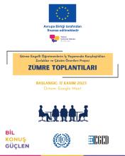 Beyaz zemin üzerinde bir afiş. Üst kısmında Avrupa Birliği bayrağı yer alıyor. Hemen altında “Avrupa Birliği tarafından finanse edilmektedir” yazıyor. Bunun altında “Temel Çalışma Hakları Bil, Konuş, Güçlen” yazısı ve logo mevcut. Orta bölümde sarı bir kutu içinde "Görme Engelli Öğretmenlerin İş Yaşamında Karşılaştıkları Zorluklar ve Çözüm Önerileri Projesi ZÜMRE TOPLANTILARI" yazıyor. Altında sarı renkte "BAŞLANGIÇ: 17 KASIM 2025 Ortam: Google Meet" yazıyor.